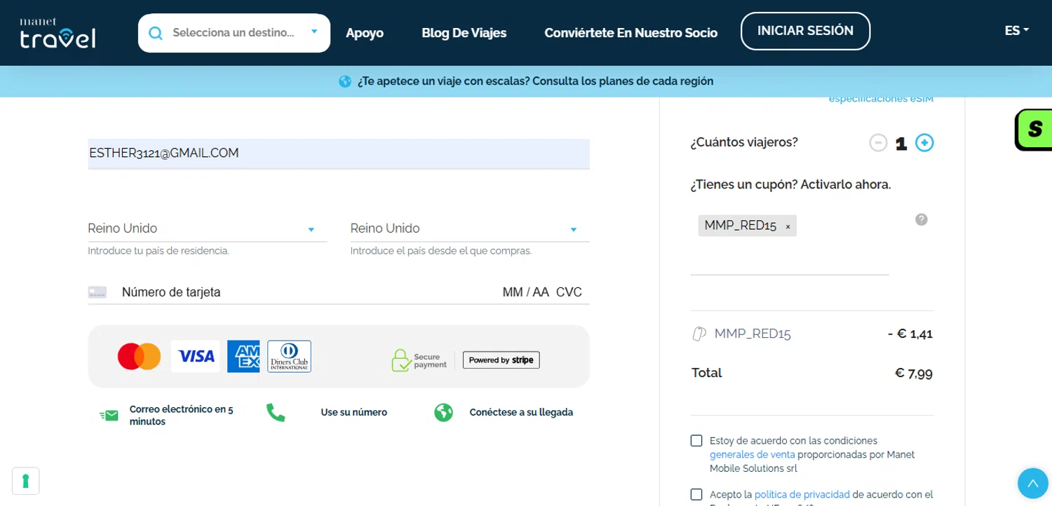 Manet Travel eSim promo code screenshot showing code MMP_RED15 applied at Manet Travel eSim checkout page. Uploaded by SimplyCodes community member ESTHER3121 on Nov 5, 2025