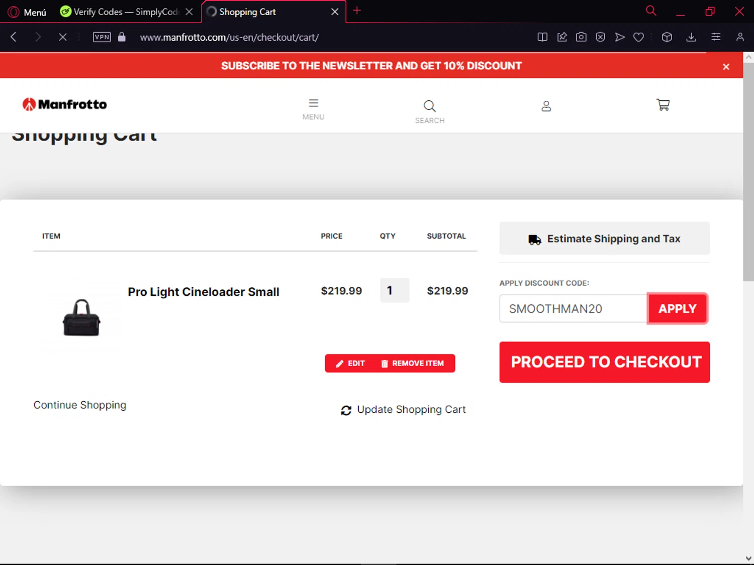 Manfrotto promo code screenshot showing code SMOOTHMAN20 applied at Manfrotto checkout page. Uploaded by SimplyCodes community member BMO123 on Jan 16, 2025