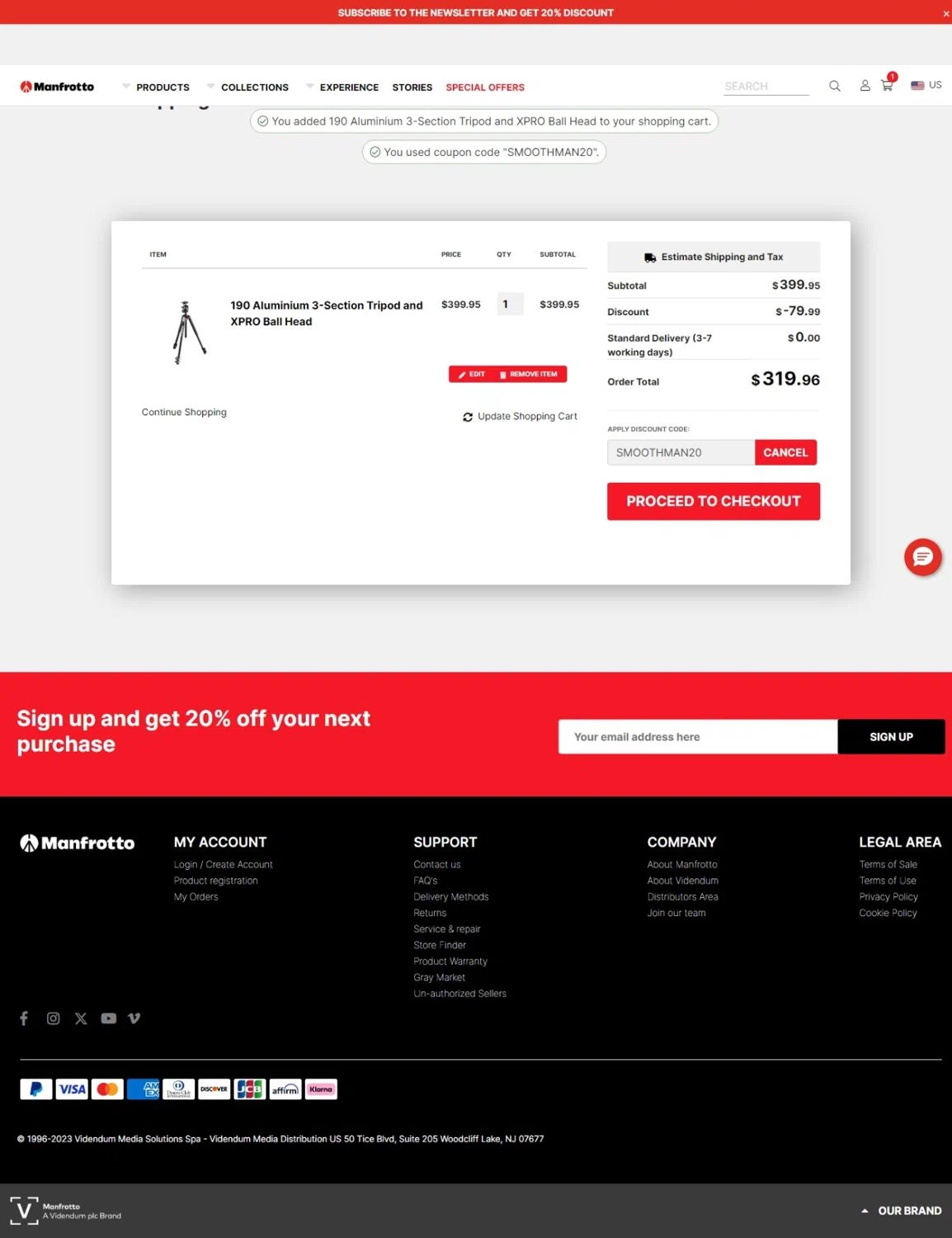 Manfrotto checkout page showing Manfrotto promo code box | Screenshot taken by SimplyCodes community member on Nov 15, 2024