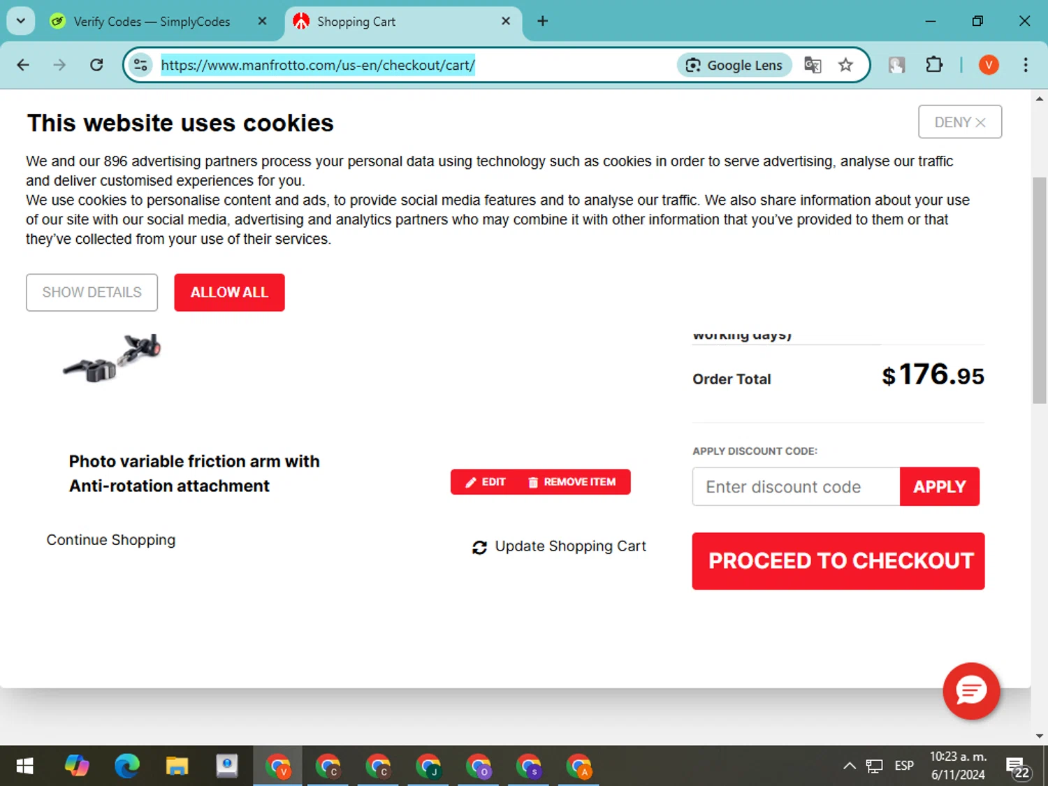 Manfrotto checkout page showing Manfrotto promo code box | Screenshot taken by SimplyCodes community member on Nov 6, 2024