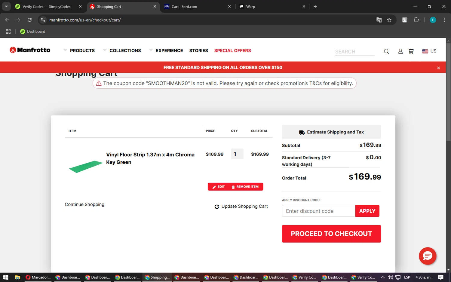 Manfrotto promo code screenshot showing code SMOOTHMAN20 applied at Manfrotto checkout page. Uploaded by SimplyCodes community member MightyFox1680 on Mar 20, 2025