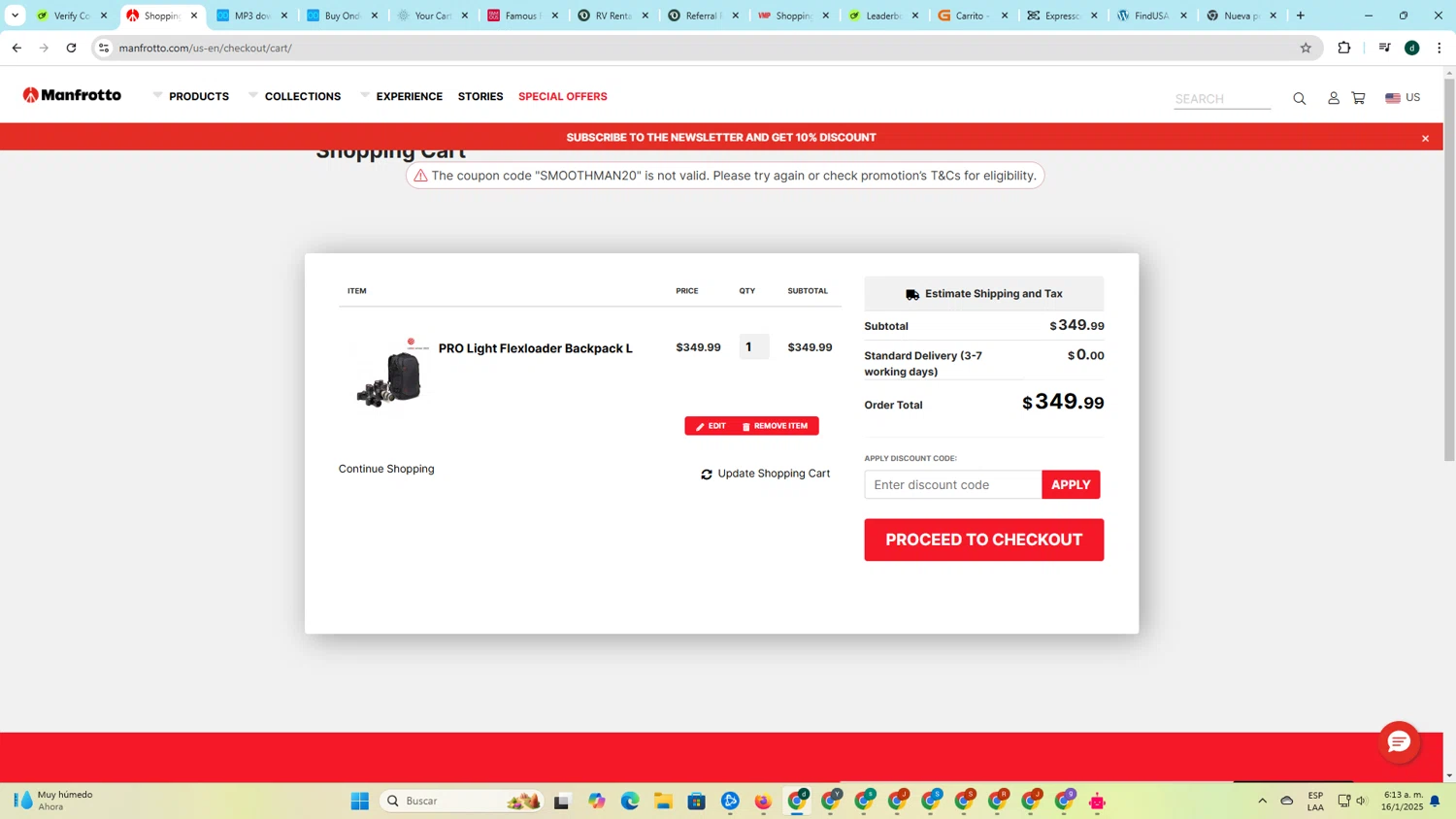 Manfrotto promo code screenshot showing code SMOOTHMAN20 applied at Manfrotto checkout page. Uploaded by SimplyCodes community member darlisiglesias on Jan 16, 2025