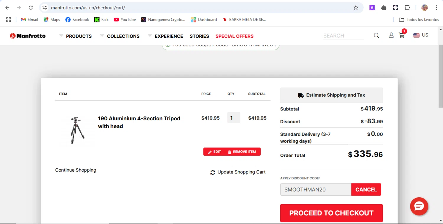 Manfrotto checkout page showing Manfrotto promo code box | Screenshot taken by SimplyCodes community member on Dec 2, 2024