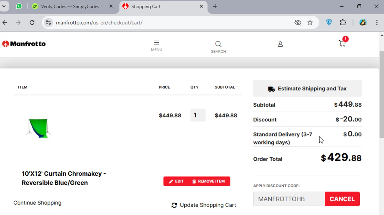 Manfrotto checkout page showing Manfrotto promo code box | Screenshot taken by SimplyCodes community member on Nov 6, 2024