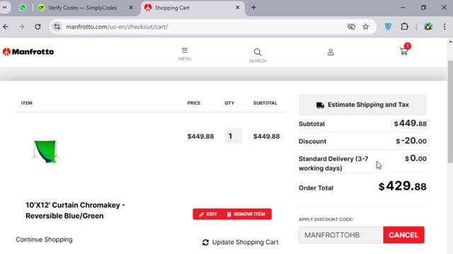 Manfrotto checkout page showing Manfrotto promo code box | Screenshot taken by SimplyCodes community member on Nov 6, 2024