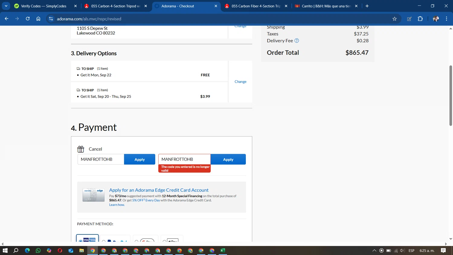Manfrotto promo code screenshot showing code MANFROTTOHB applied at Manfrotto checkout page. Uploaded by SimplyCodes community member DavidMGF on Sep 18, 2025