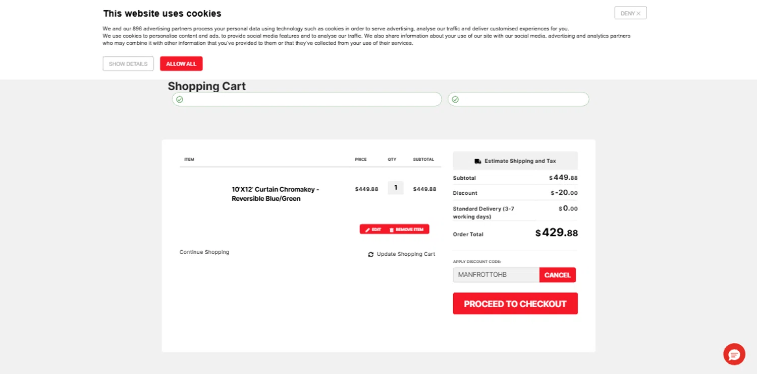 Manfrotto checkout page showing Manfrotto promo code box | Screenshot taken by SimplyCodes community member on Oct 20, 2024
