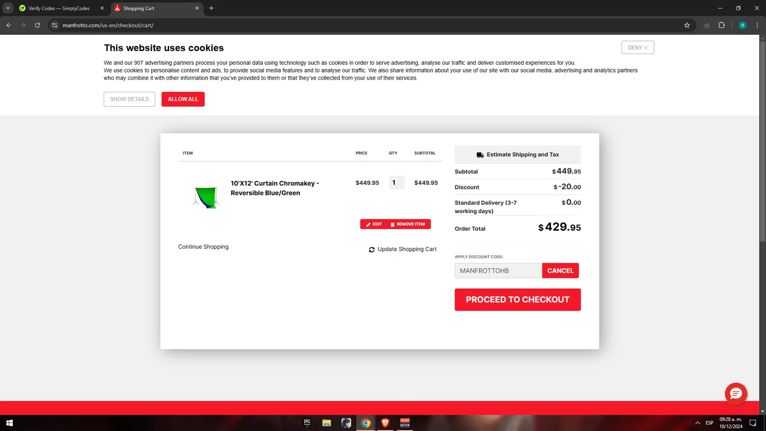 Manfrotto checkout page showing Manfrotto promo code box | Screenshot taken by SimplyCodes community member on Dec 10, 2024