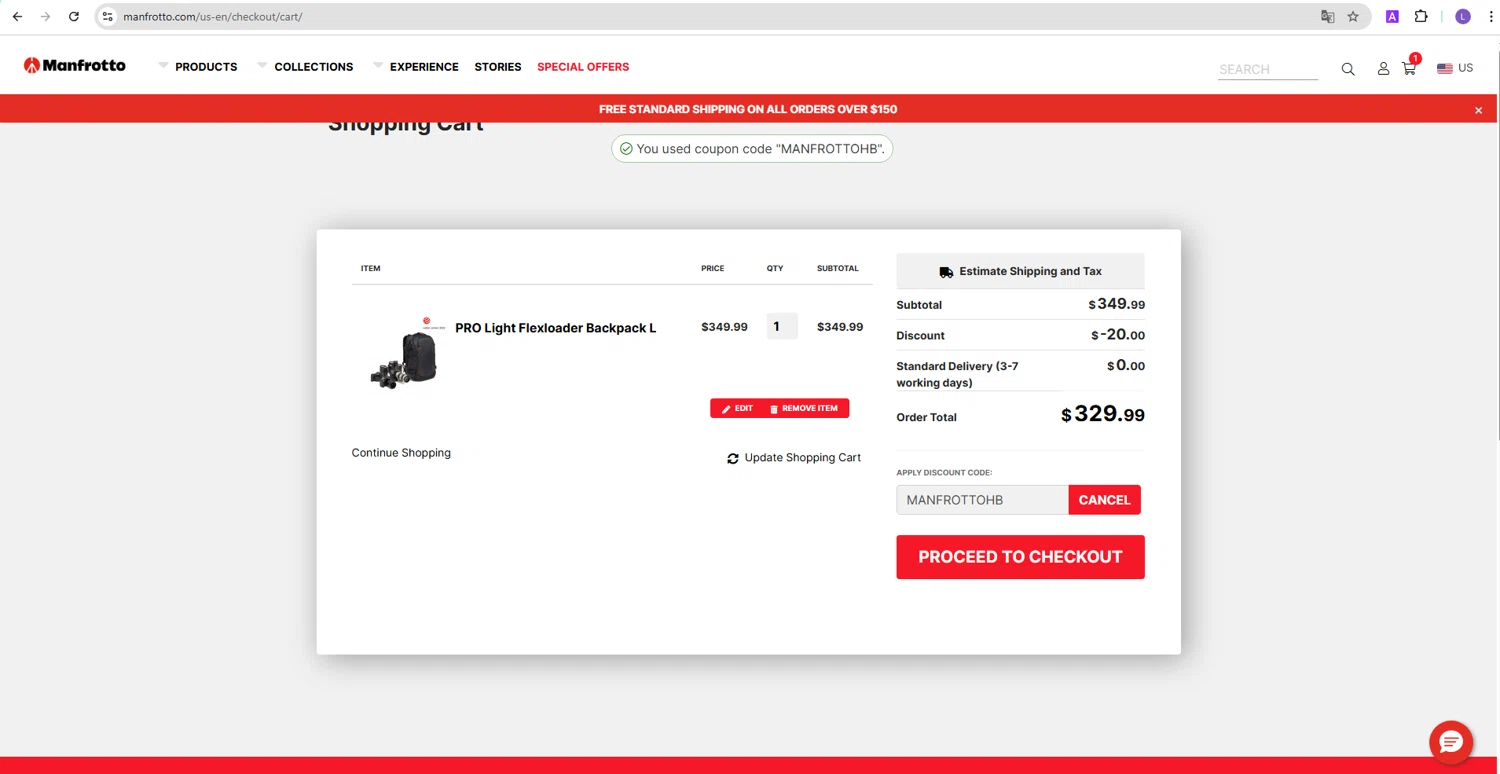 Manfrotto promo code screenshot showing code MANFROTTOHB applied at Manfrotto checkout page. Uploaded by SimplyCodes community member NobleKnight286 on Mar 19, 2025