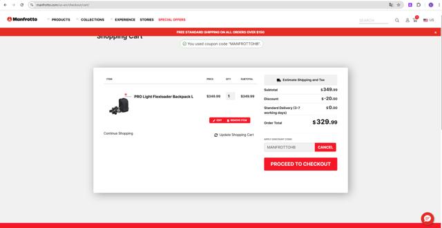 Manfrotto checkout page showing Manfrotto promo code box | Screenshot taken by SimplyCodes community member on Mar 19, 2025
