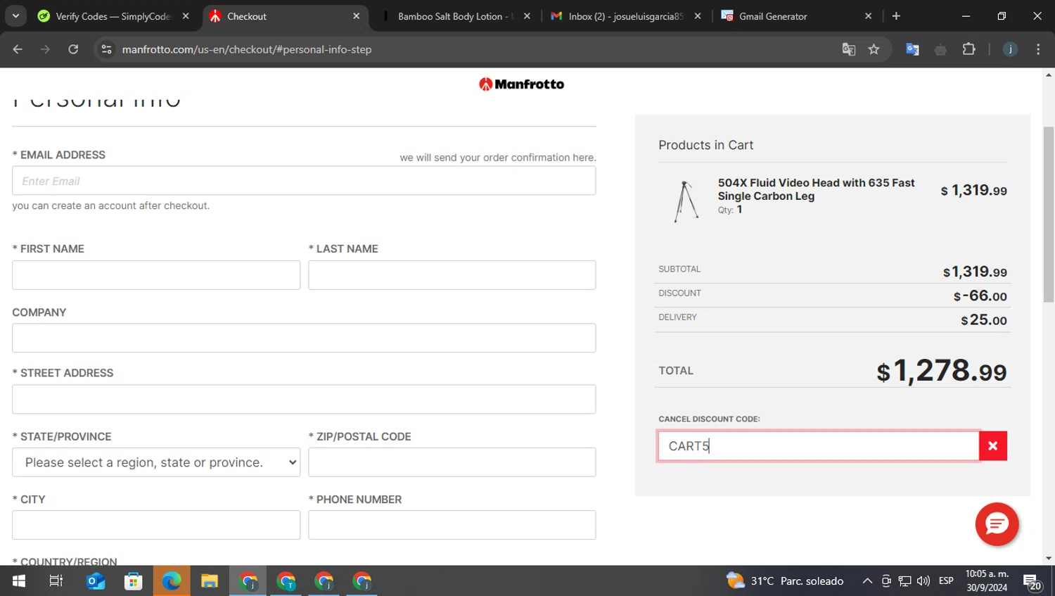 Manfrotto checkout page showing Manfrotto promo code box | Screenshot taken by SimplyCodes community member on Sep 30, 2024