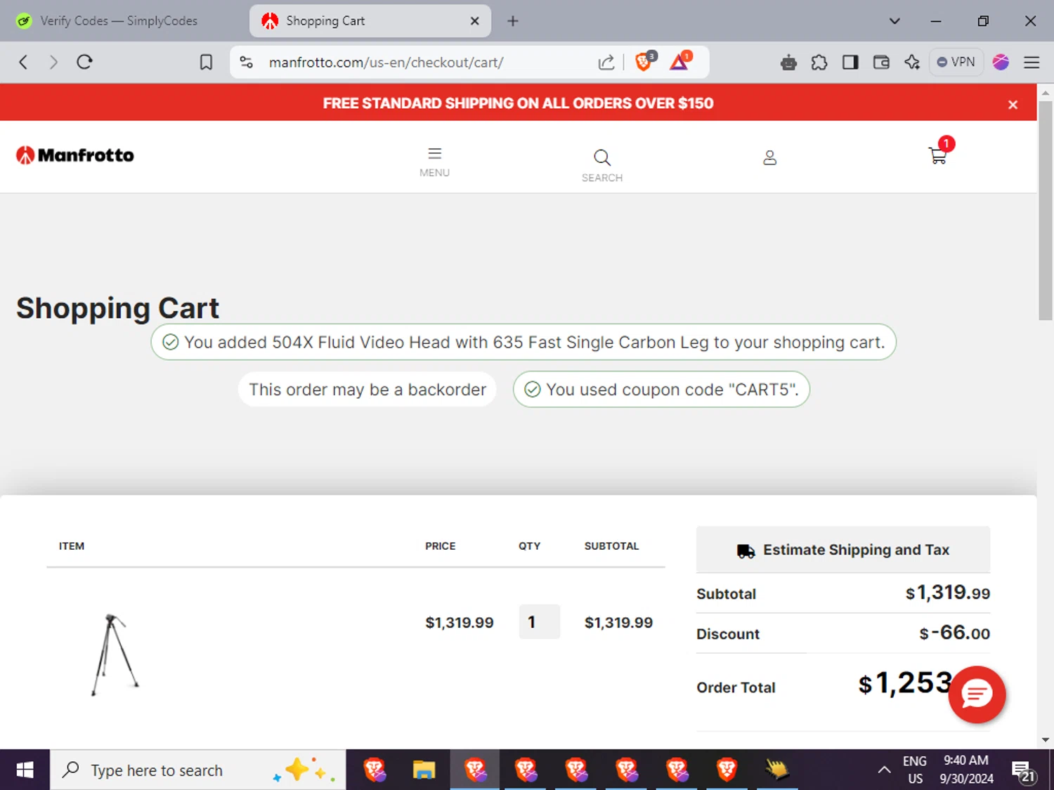 Manfrotto checkout page showing Manfrotto promo code box | Screenshot taken by SimplyCodes community member on Sep 30, 2024