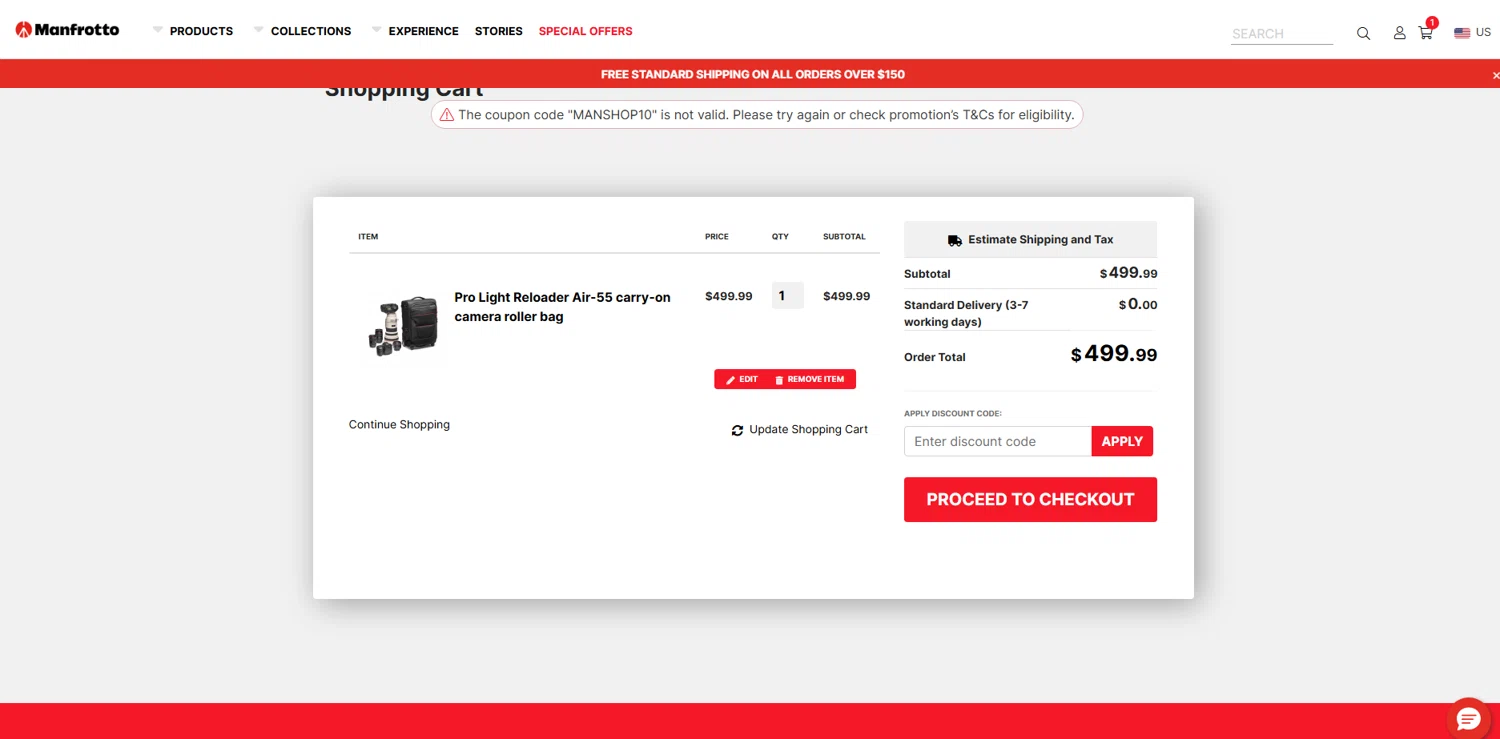 Manfrotto promo code screenshot showing code MANSHOP10 applied at Manfrotto checkout page. Uploaded by SimplyCodes community member gilbertrondon on Jan 29, 2025