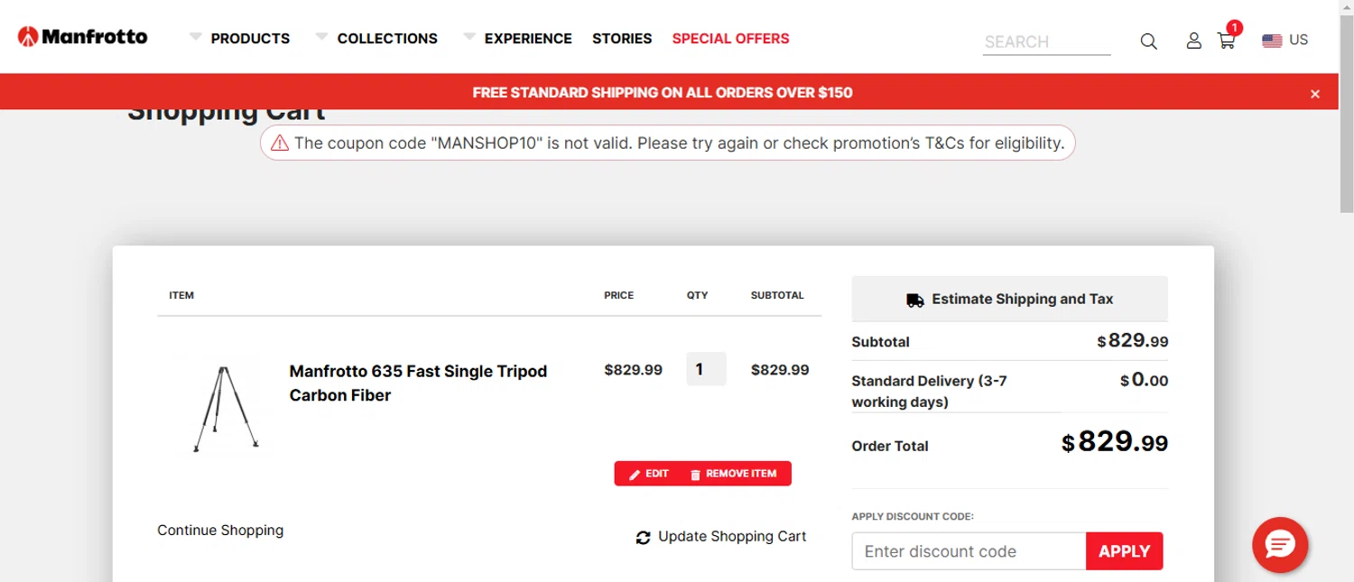 Manfrotto promo code screenshot showing code MANSHOP10 applied at Manfrotto checkout page. Uploaded by SimplyCodes community member luisaballera on Jan 29, 2025