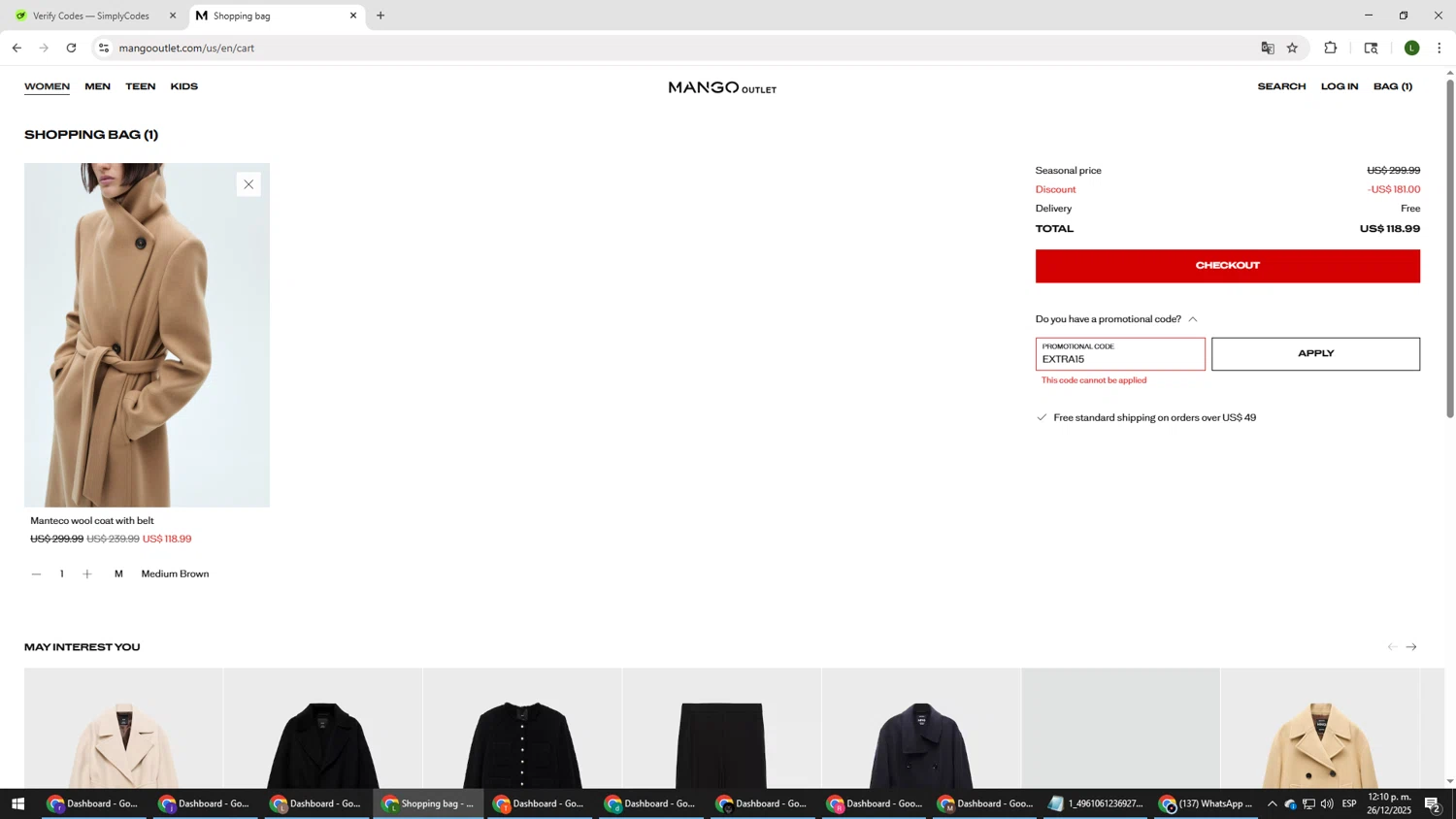 Mango Outlet promo code screenshot showing code EXTRA15 applied at Mango Outlet checkout page. Uploaded by SimplyCodes community member DUCATI on Dec 26, 2025