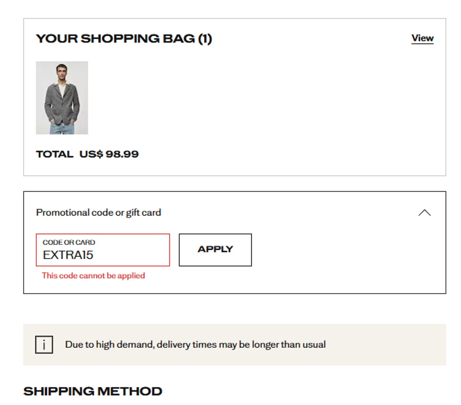 Mango Outlet checkout page showing Mango Outlet promo code box | Screenshot taken by SimplyCodes community member on Dec 8, 2025