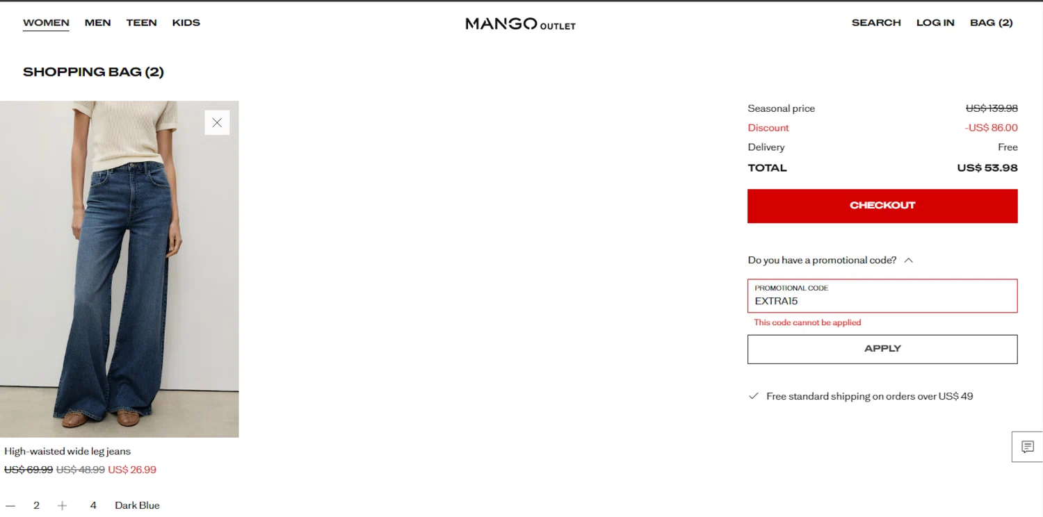Mango Outlet promo code screenshot showing code EXTRA15 applied at Mango Outlet checkout page. Uploaded by SimplyCodes community member HUNTER1406 on Jan 24, 2026