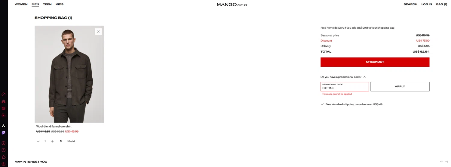Mango Outlet promo code screenshot showing code EXTRA15 applied at Mango Outlet checkout page. Uploaded by SimplyCodes community member Handivlak on Jan 15, 2026