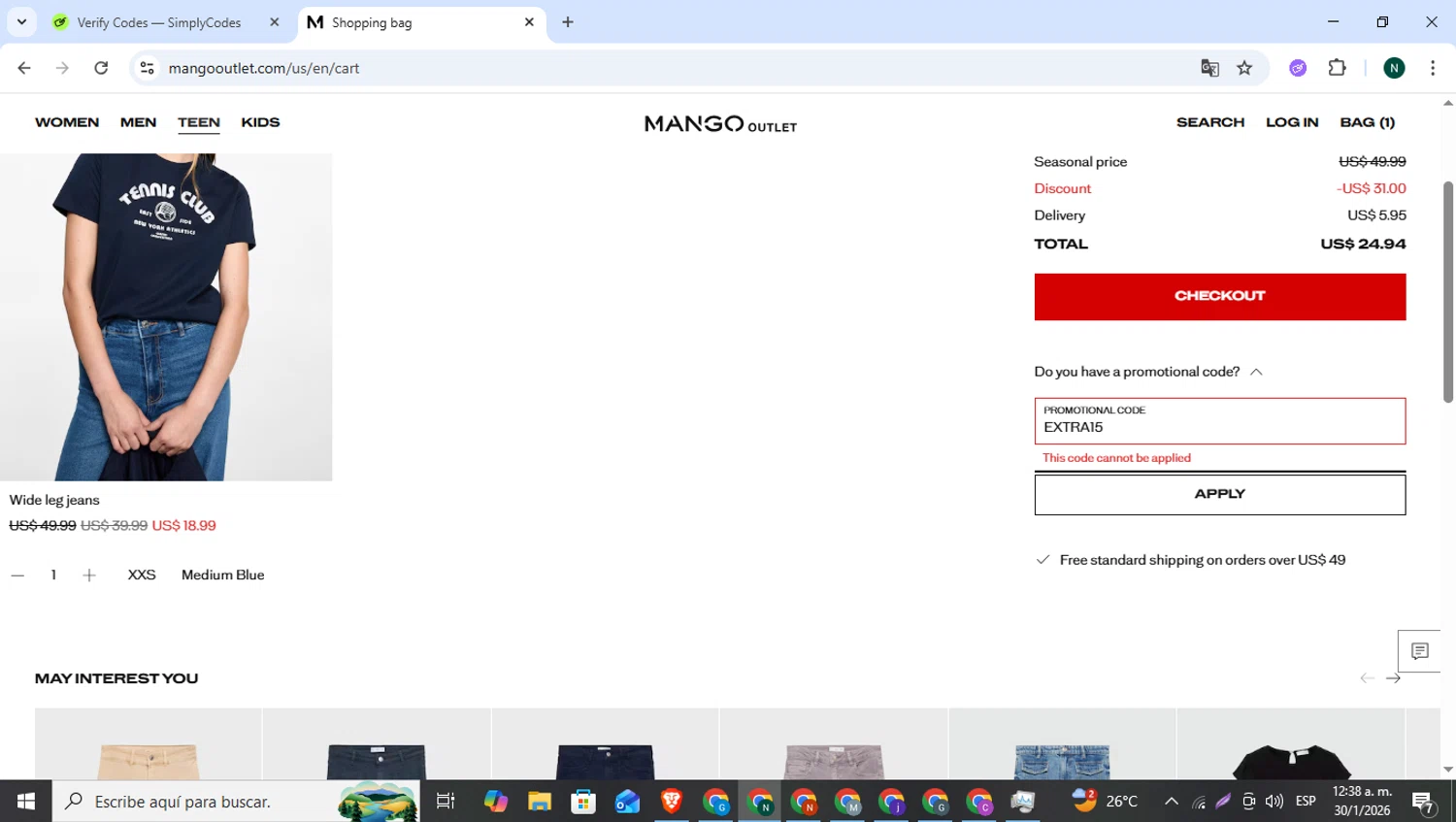 Mango Outlet promo code screenshot showing code EXTRA15 applied at Mango Outlet checkout page. Uploaded by SimplyCodes community member Narutooooo on Jan 30, 2026