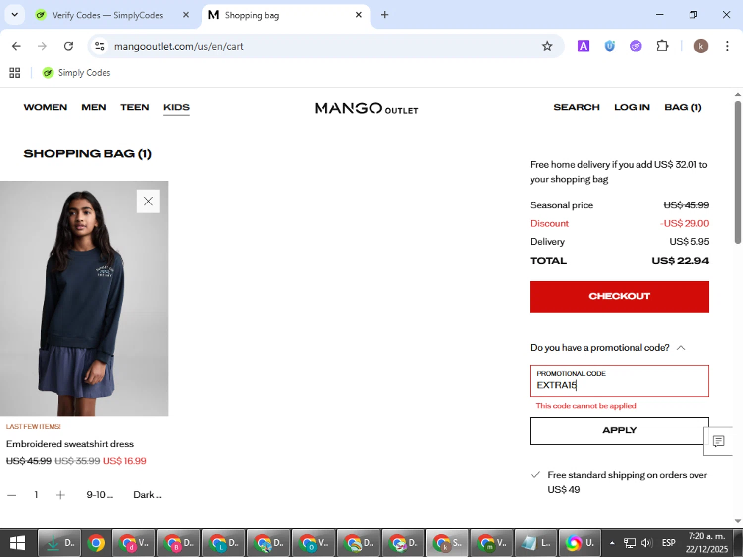Mango Outlet checkout page showing Mango Outlet promo code box | Screenshot taken by SimplyCodes community member on Dec 22, 2025