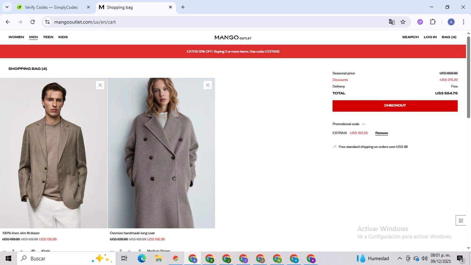 Mango Outlet checkout page showing Mango Outlet promo code box | Screenshot taken by SimplyCodes community member on Dec 10, 2025