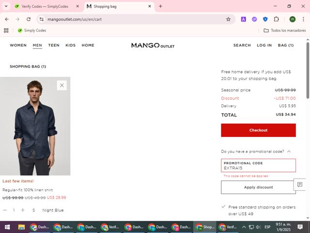 Mango Outlet checkout page showing Mango Outlet promo code box | Screenshot taken by SimplyCodes community member on Sep 1, 2025