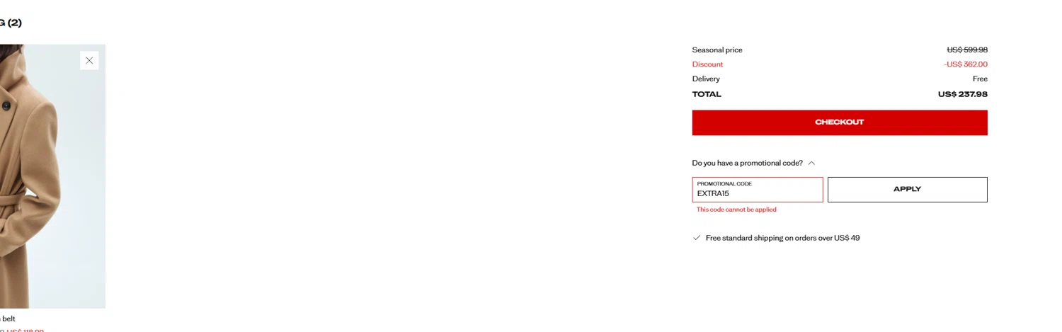 Mango Outlet promo code screenshot showing code EXTRA15 applied at Mango Outlet checkout page. Uploaded by SimplyCodes community member kurcovein on Dec 26, 2025