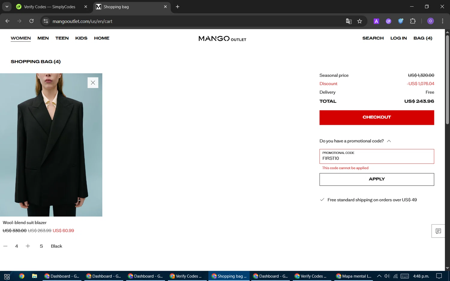 Mango Outlet promo code screenshot showing code FIRST10 applied at Mango Outlet checkout page. Uploaded by SimplyCodes community member BudgetHawk9503 on Oct 29, 2025