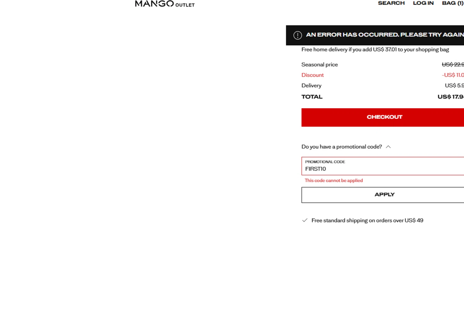 Mango Outlet promo code screenshot showing code FIRST10 applied at Mango Outlet checkout page. Uploaded by SimplyCodes community member Carlitoxxxxxxxxxxxxxxxxxxxxxxx on Oct 29, 2025