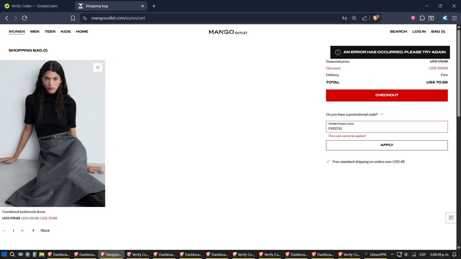 Mango Outlet promo code screenshot showing code FIRST10 applied at Mango Outlet checkout page. Uploaded by SimplyCodes community member Jgomez on Oct 29, 2025