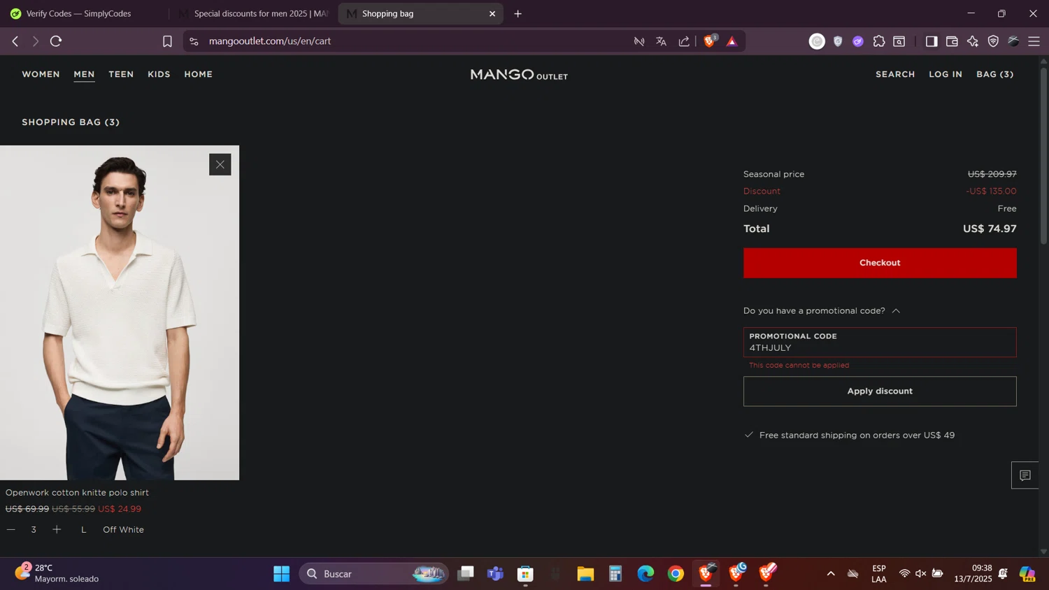 Mango Outlet promo code screenshot showing code 4THJULY applied at Mango Outlet checkout page. Uploaded by SimplyCodes community member Caraxes on Jul 13, 2025