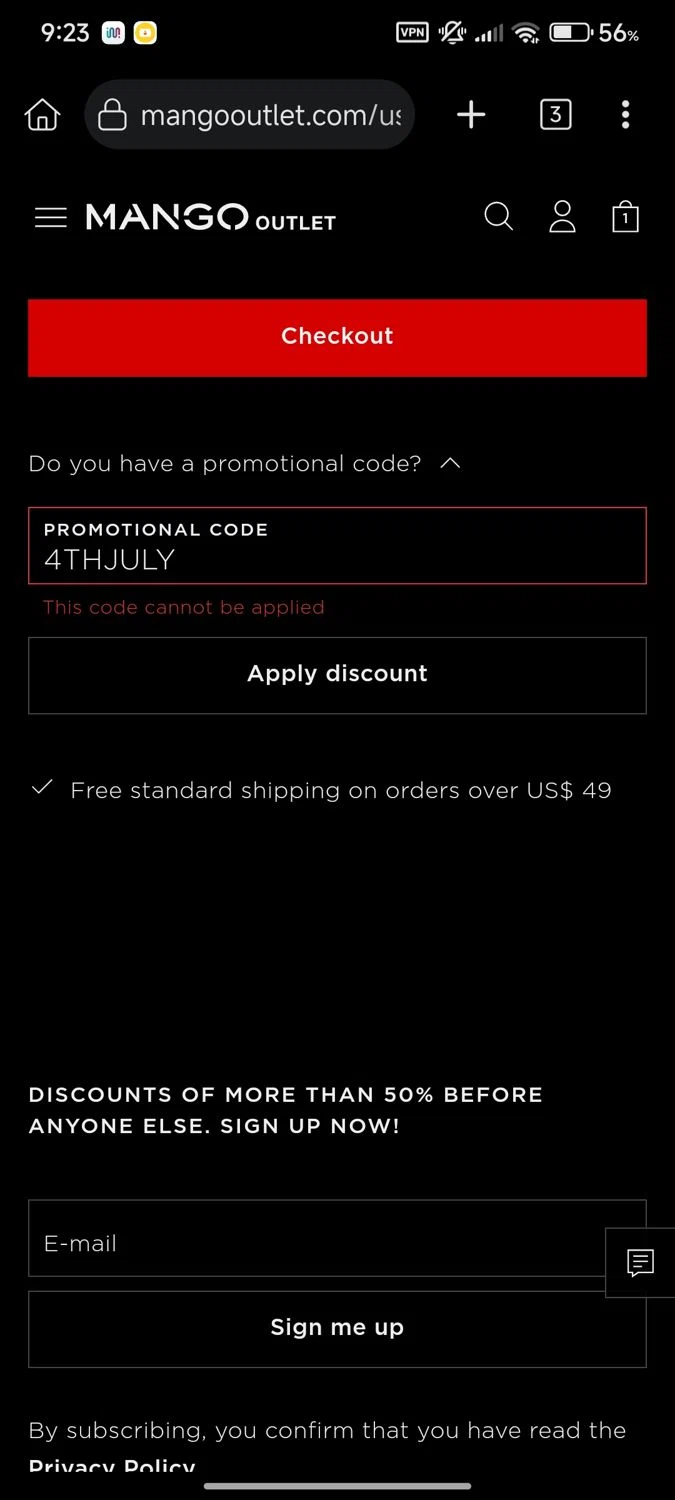Mango Outlet promo code screenshot showing code 4THJULY applied at Mango Outlet checkout page. Uploaded by SimplyCodes community member cuenta03 on Jul 13, 2025