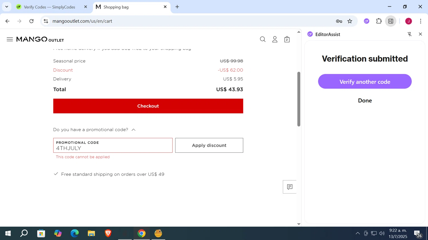 Mango Outlet promo code screenshot showing code 4THJULY applied at Mango Outlet checkout page. Uploaded by SimplyCodes community member vergil_lains on Jul 13, 2025