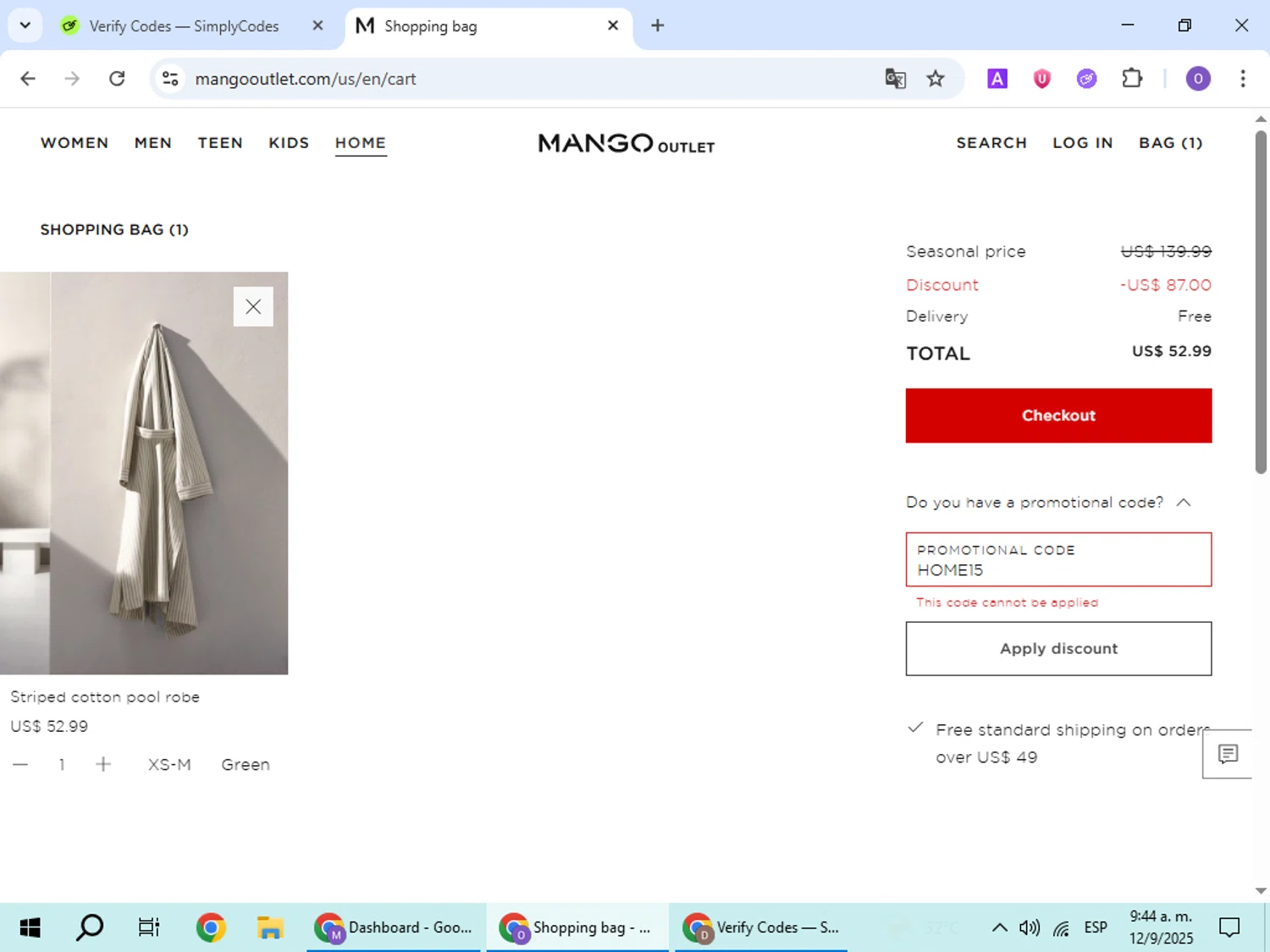 Mango Outlet promo code screenshot showing code HOME15 applied at Mango Outlet checkout page. Uploaded by SimplyCodes community member BudgetHawk9503 on Sep 12, 2025