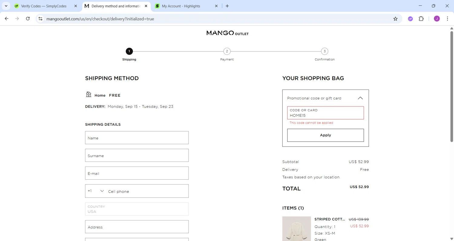Mango Outlet promo code screenshot showing code HOME15 applied at Mango Outlet checkout page. Uploaded by SimplyCodes community member CleverChaser8361 on Sep 12, 2025
