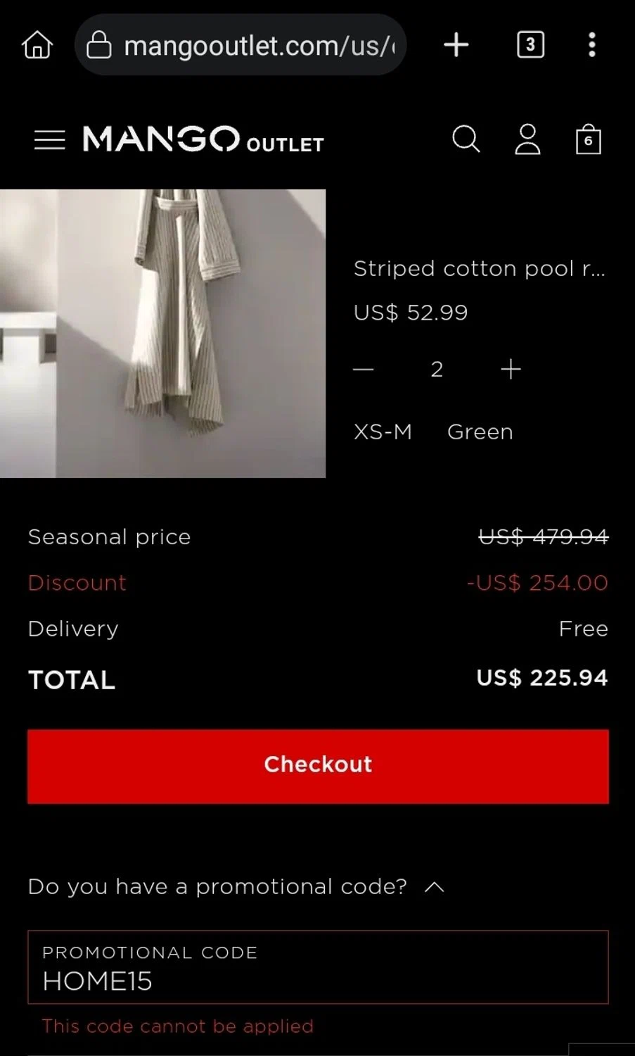 Mango Outlet promo code screenshot showing code HOME15 applied at Mango Outlet checkout page. Uploaded by SimplyCodes community member Sukuna_ on Sep 12, 2025
