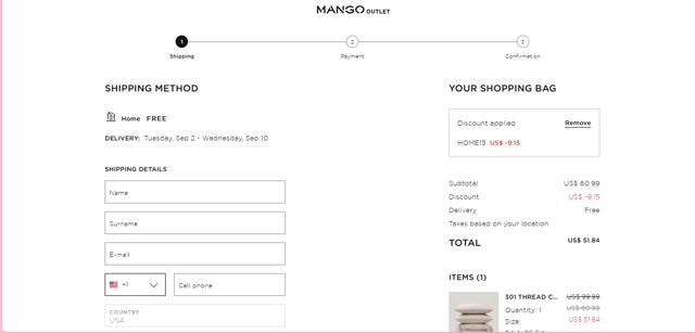 Mango Outlet checkout page showing Mango Outlet promo code box | Screenshot taken by SimplyCodes community member on Sep 1, 2025