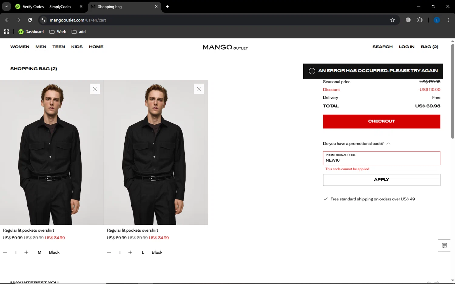 Mango Outlet promo code screenshot showing code NEW10 applied at Mango Outlet checkout page. Uploaded by SimplyCodes community member GoldSaver5472 on Nov 3, 2025