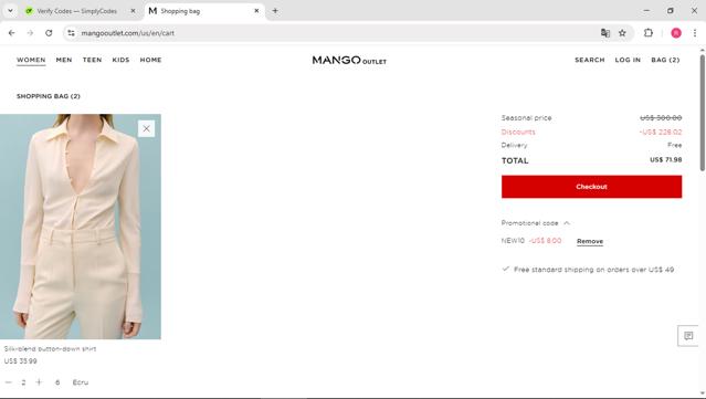 Mango Outlet checkout page showing Mango Outlet promo code box | Screenshot taken by SimplyCodes community member on Sep 14, 2025