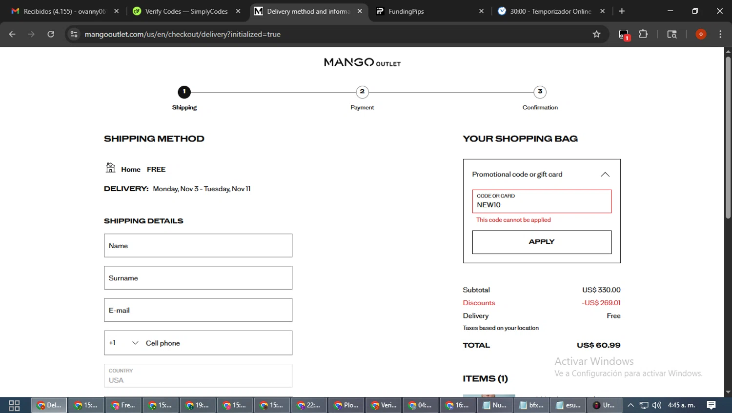 Mango Outlet promo code screenshot showing code NEW10 applied at Mango Outlet checkout page. Uploaded by SimplyCodes community member WiseTracker2171 on Nov 1, 2025