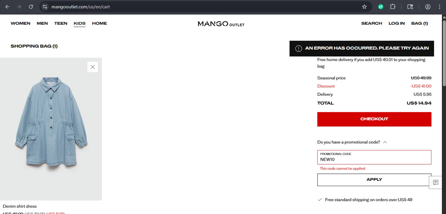 Mango Outlet promo code screenshot showing code NEW10 applied at Mango Outlet checkout page. Uploaded by SimplyCodes community member xaswqe on Nov 3, 2025