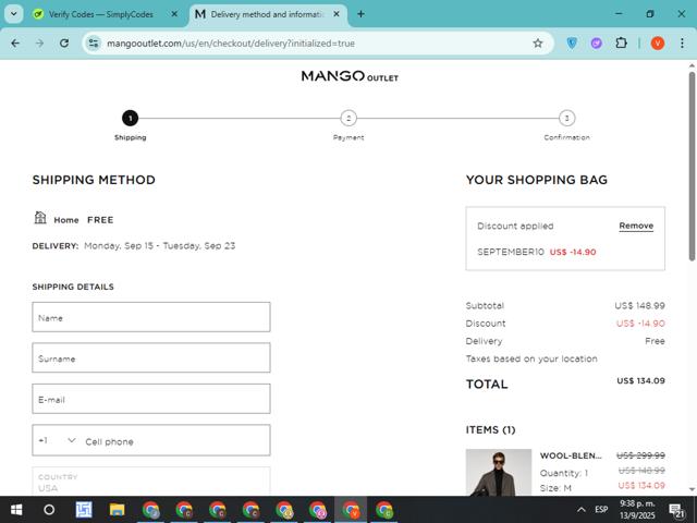 Mango Outlet checkout page showing Mango Outlet promo code box | Screenshot taken by SimplyCodes community member on Sep 14, 2025