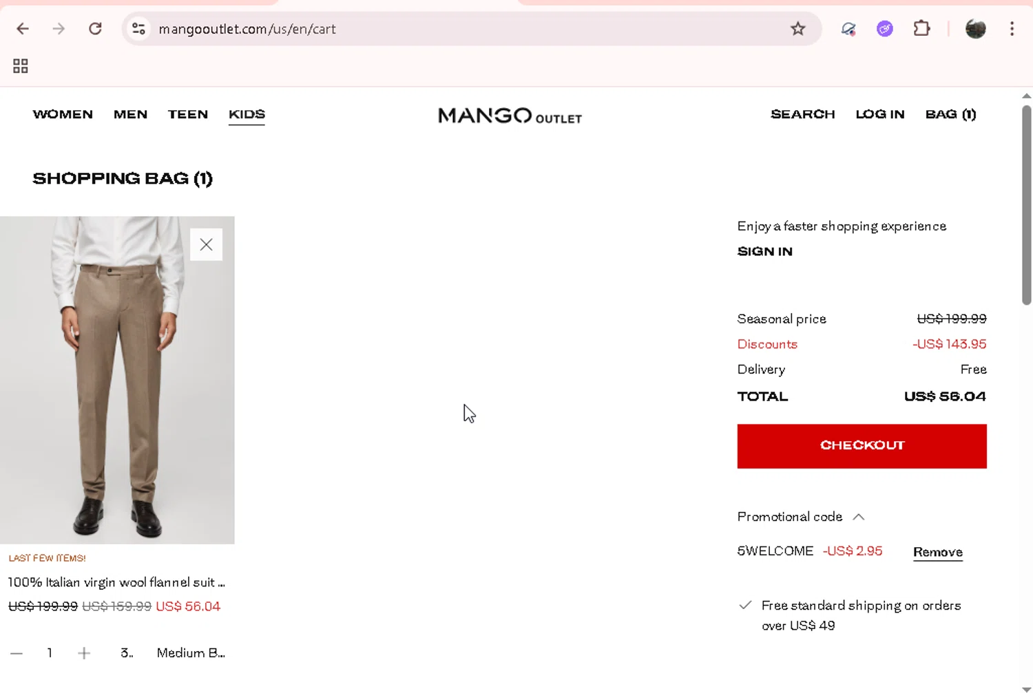 Mango Outlet checkout page showing Mango Outlet promo code box | Screenshot taken by SimplyCodes community member on Feb 19, 2026
