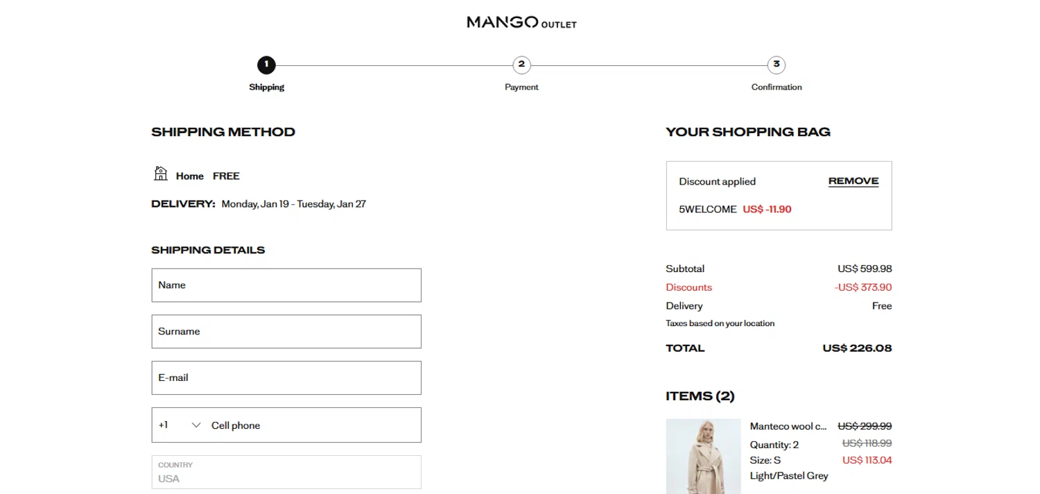 Mango Outlet checkout page showing Mango Outlet promo code box | Screenshot taken by SimplyCodes community member on Jan 16, 2026