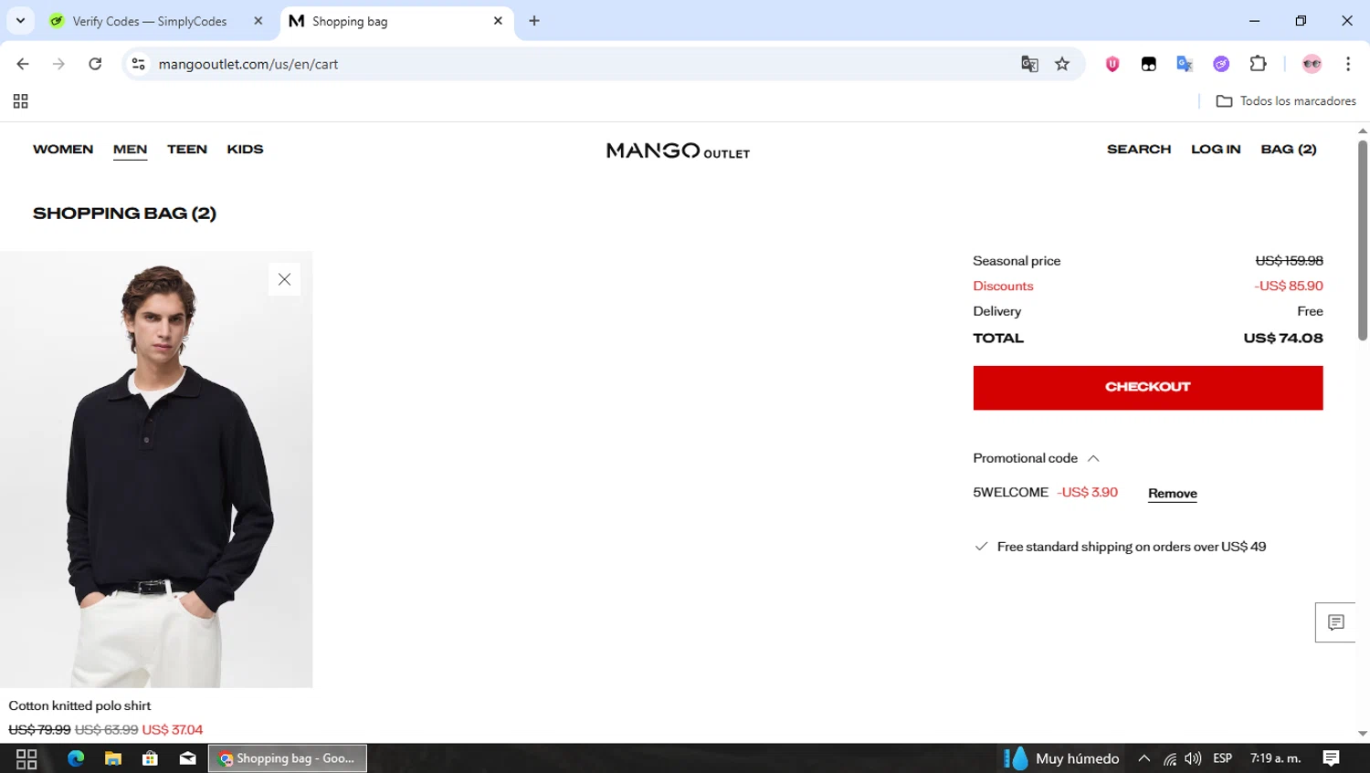 Mango Outlet promo code screenshot showing code 5WELCOME applied at Mango Outlet checkout page. Uploaded by SimplyCodes community member MagnificentWizard8353 on Dec 29, 2025