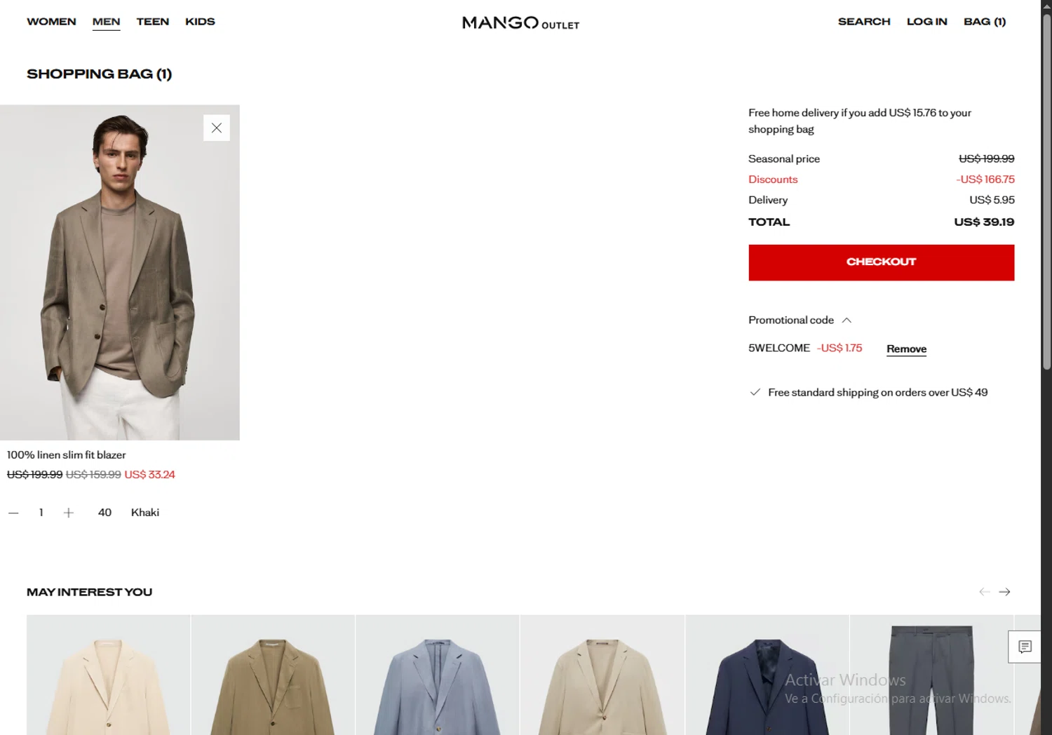 Mango Outlet promo code screenshot showing code 5WELCOME applied at Mango Outlet checkout page. Uploaded by SimplyCodes community member RewardMaven959 on Dec 18, 2025