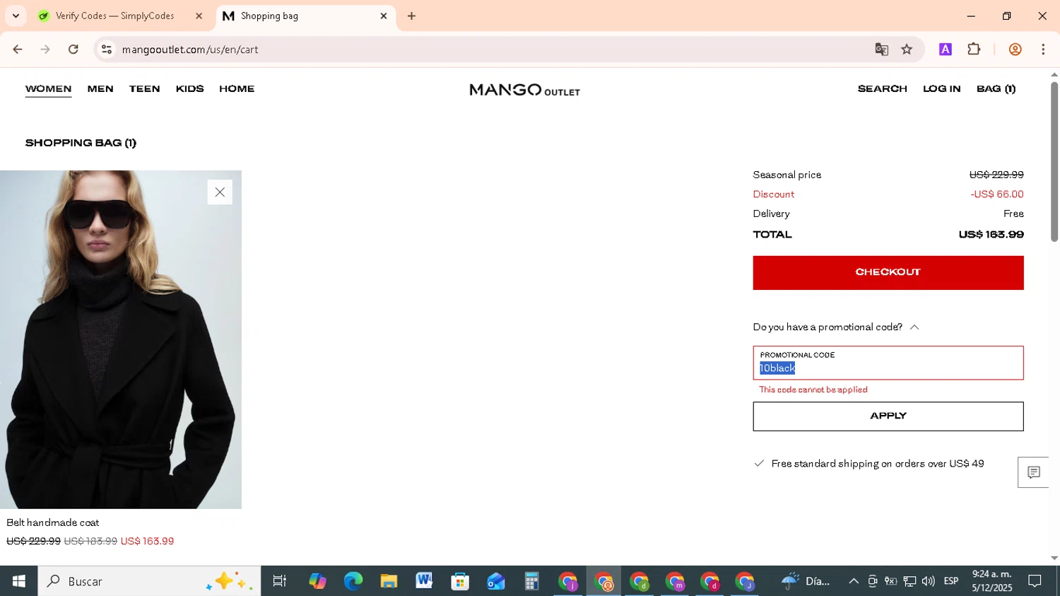 Mango Outlet promo code screenshot showing code 10black applied at Mango Outlet checkout page. Uploaded by SimplyCodes community member RebateCollector5909 on Dec 5, 2025