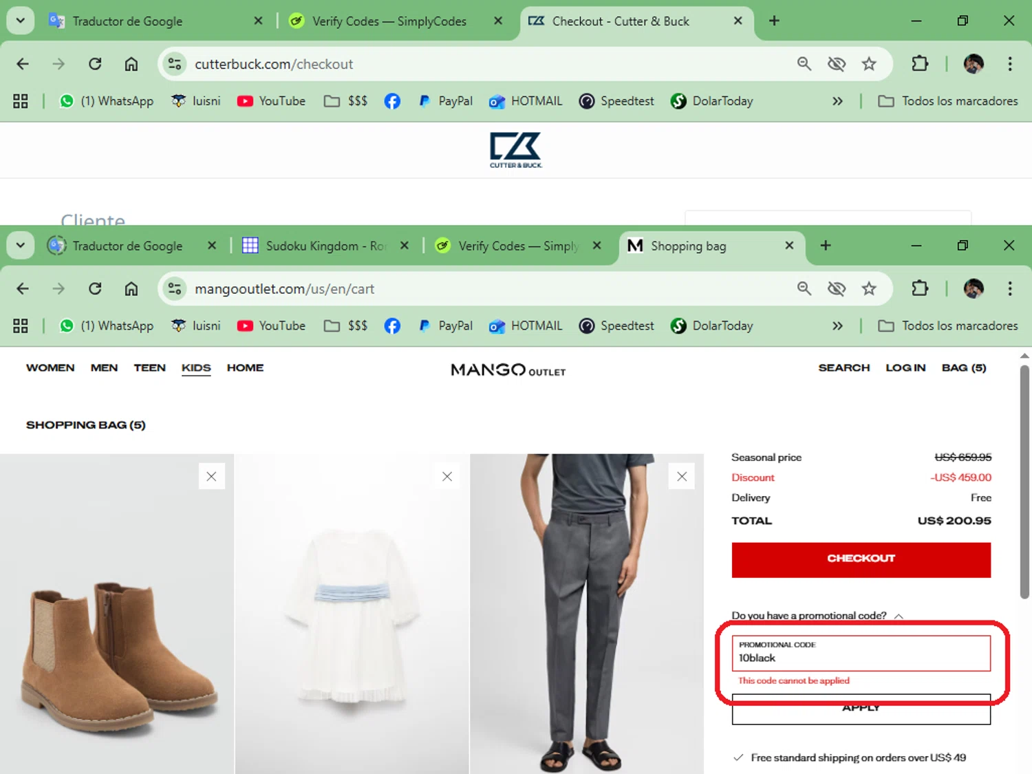 Mango Outlet promo code screenshot showing code 10black applied at Mango Outlet checkout page. Uploaded by SimplyCodes community member luisrodriguez on Dec 5, 2025