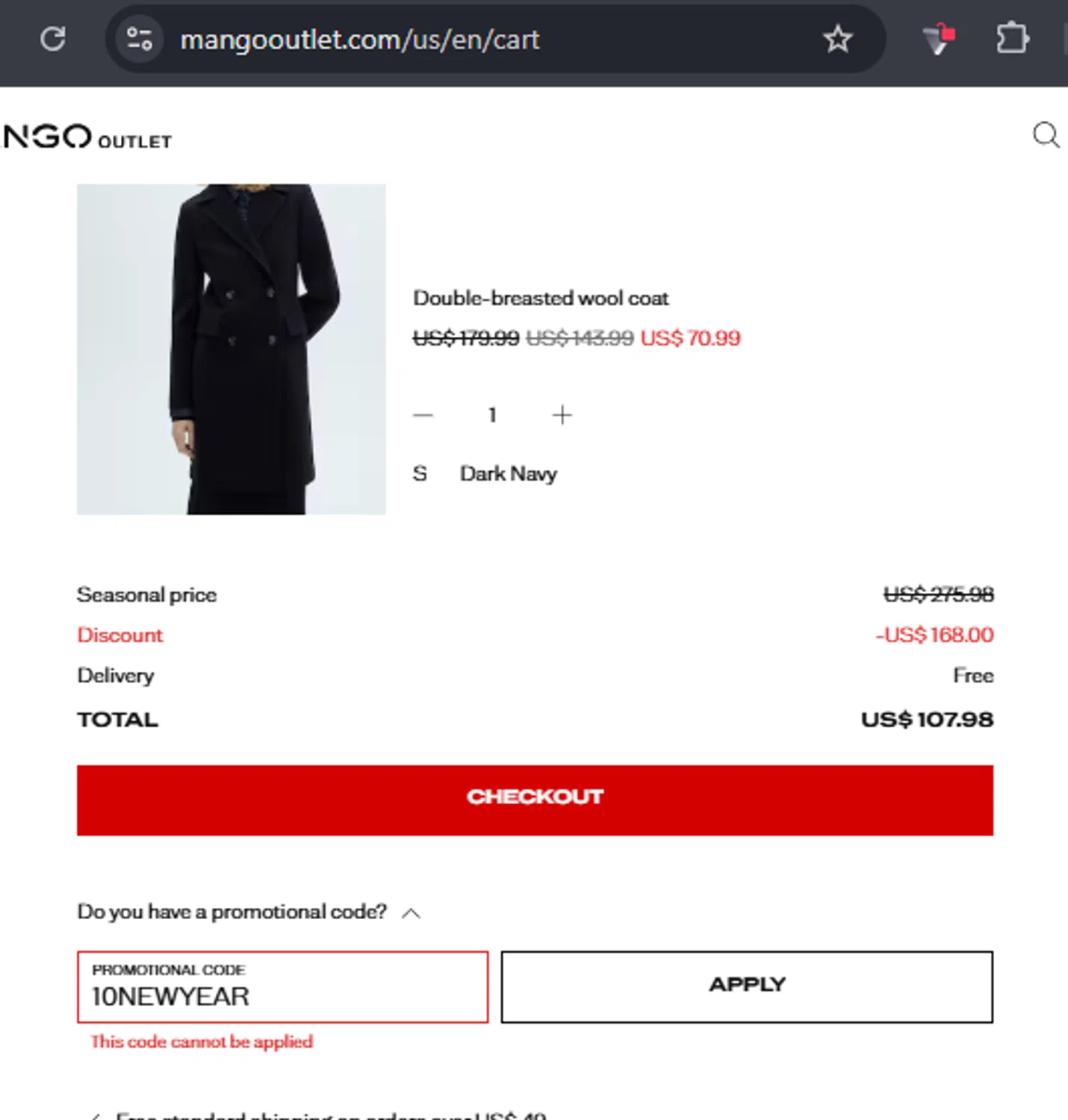 Mango Outlet promo code screenshot showing code 10NEWYEAR applied at Mango Outlet checkout page. Uploaded by SimplyCodes community member RafaLB on Jan 9, 2026