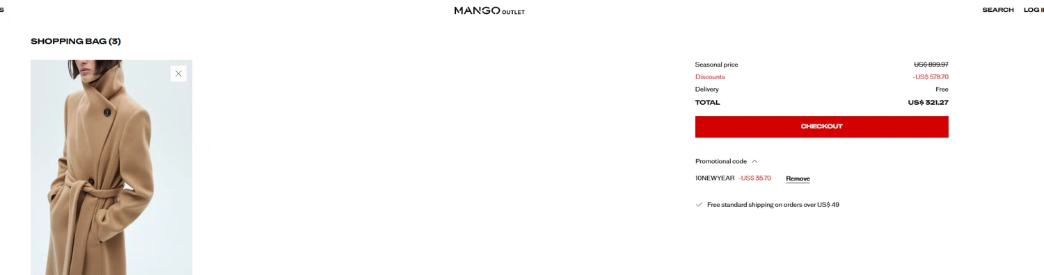 Mango Outlet checkout page showing Mango Outlet promo code box | Screenshot taken by SimplyCodes community member on Dec 31, 2025
